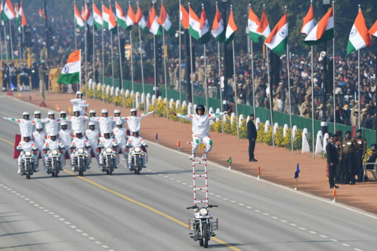 Female riders performed daredevil stunts on motorbikes to the delight of crowds at India's Republic Day parade