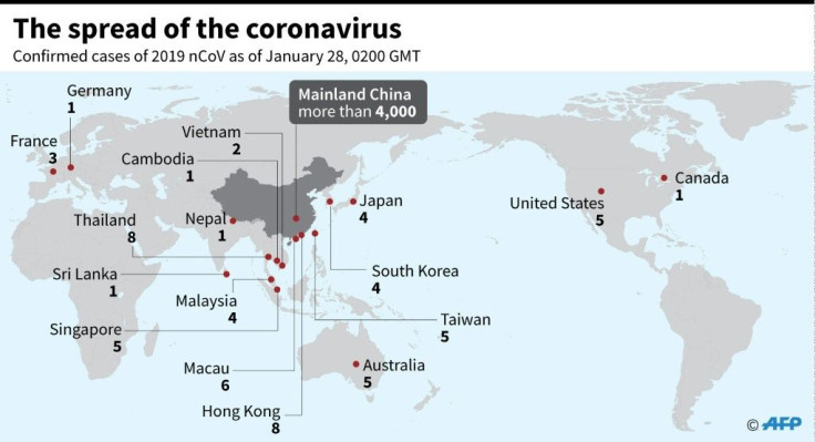 Map showing countries and territories where cases of the China virus have been confirmed, as of January 28, 0200 GMT