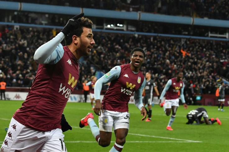 Going to Wembley: Trezeguet (left) celebrates the goal that sent Aston Villa into the League Cup final