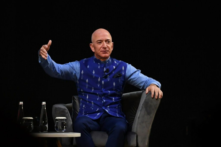 CEO of Amazon Jeff Bezos gestures as he addresses the Amazon's annual Smbhav event in New Delhi on January 15