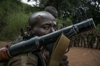A Central African Republic soldier trains with an anti-tank weapon in August 2019