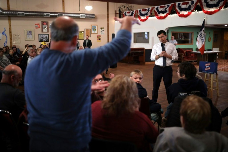 Pete Buttigieg, a former mayor from Indiana, takes voters' questions at an event in Oelwein, Iowa, on February 1