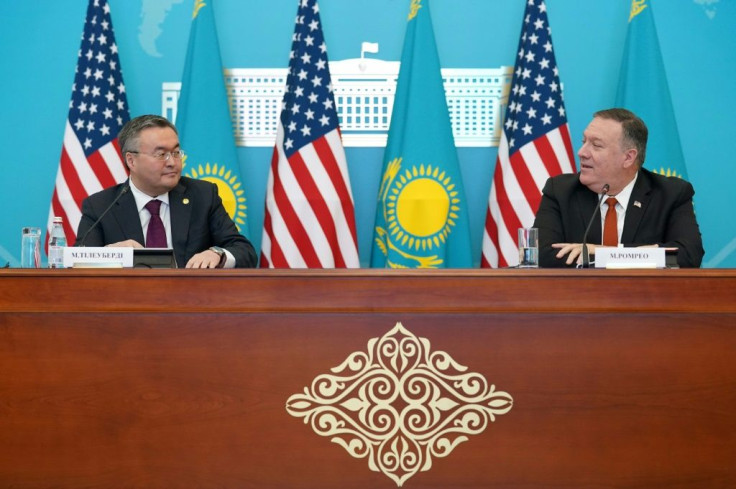 U.S. Secretary of State Mike Pompeo at a news conference with Kazakh Foreign Minister Mukhtar Tleuberdi in Nur-Sultan