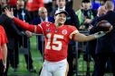 Kansas City quarterback Patrick Mahomes celebrates the Chiefs' Super Bowl victory over the San Francisco 49ers