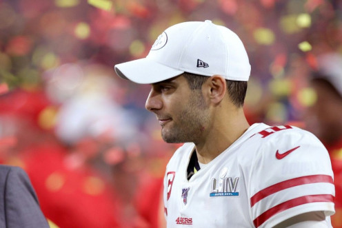San Francisco quarterback Jimmy Garoppolo departs the field after the 49ers' Super Bowl loss to the Kansas City Chiefs