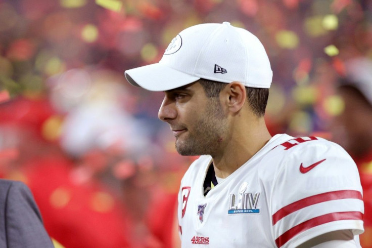 San Francisco quarterback Jimmy Garoppolo departs the field after the 49ers' Super Bowl loss to the Kansas City Chiefs