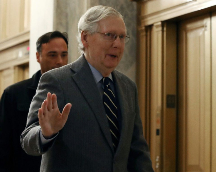 Republican Senate Majority Leader Mitch McConnell arrives for closing arguments in the Senate impeachment trial of President Donald Trump