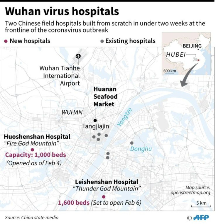 Map locating two new Chinese field hospitals built from scratch in Wuhan in under two weeks at the frontline of the coronavirus outbreak.