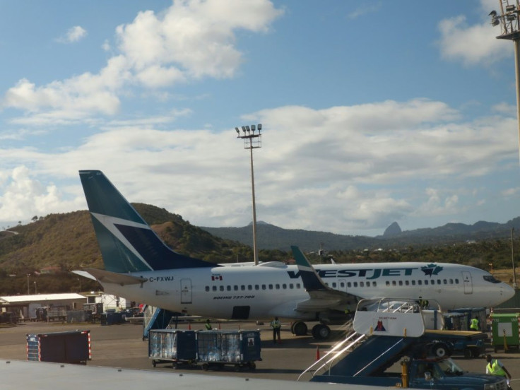A Canadian Westjet airline jet parked at Hewanorra International Airport, St Lucia, on February 3, 2019.
