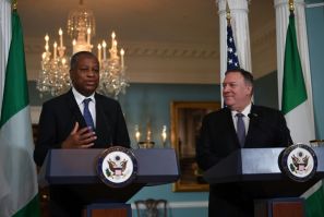 US Secretary of State Mike Pompeo and Nigerian Foreign Minister Geoffrey Onyeama deliver statements to the press after talks that included discussion of a visa row