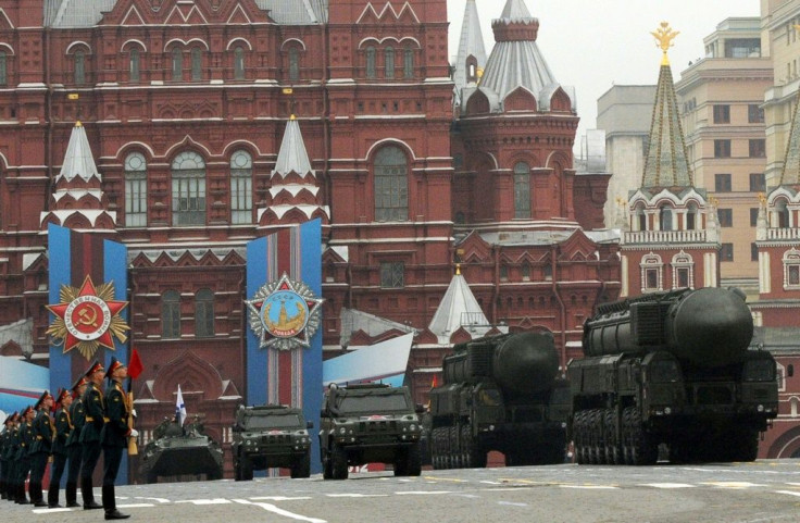 A column of Russia's Topol intercontinental ballistic missile launchers rolls at the Red Square in Moscow in 2012