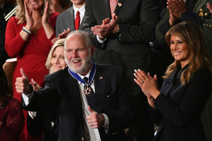 Conservative talk show host Rush Limbaugh, after being awarded the Medal of Freedom by Melania Trump during President Donald Trump's State of the Union address