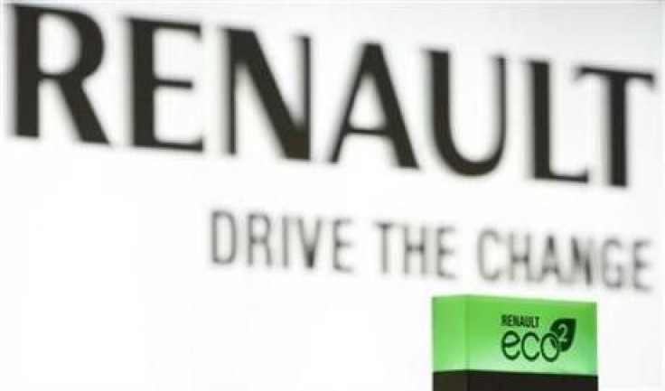 French car manufacturer Renault's eco2 seal of environmental performance is shown at the company's exhibition stand during the first media day of the 80th Geneva Car Show at the Palexpo in Geneva March 2, 2010. 