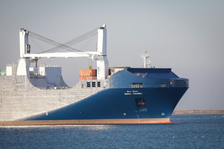 The Bahri Yanbu cargo ship arriving in the French port of Cherbourg, where dozens of activists held a protest over the sale of arms to Riyadh