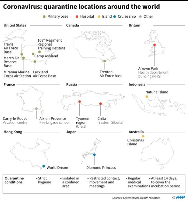 Map showing some of the different quarantine locations around the world for the new coronavirus