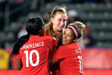 Jordyn Huitema celebrates her goal as Canada's women footballers book their Tokyo Olympic berth with a 1-0 win over Costa Rica
