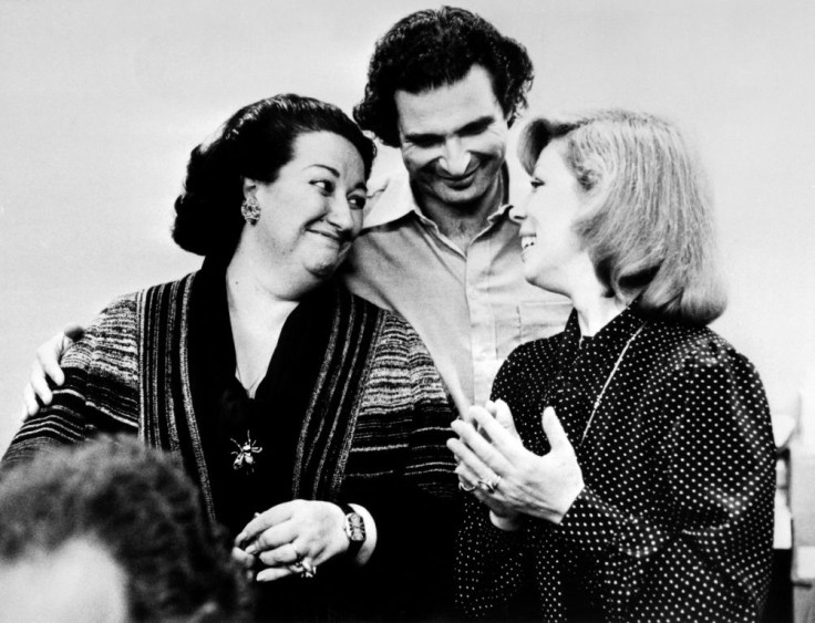 Freni (R, with Spanish soprano Montserrat Caballe, L, and French conductor Alain Lombard in 1977) was particularly known for her roles as Mimi and Desdemona