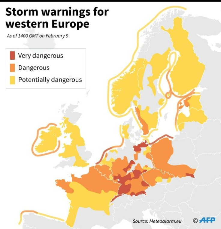 Warnings of fierce winds and storm surges for western Europe, as of 1400 GMT on Feb 9