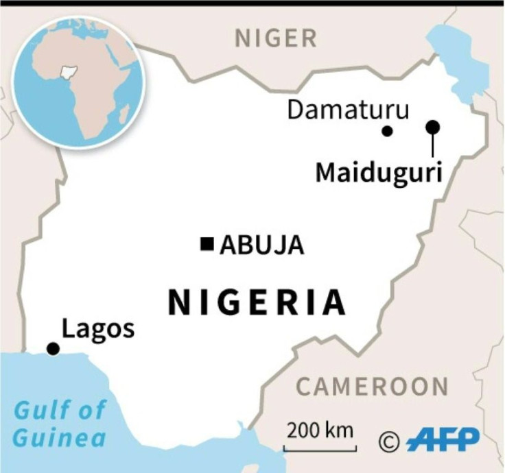 Map of Nigeria locating towns of Maiduguri and Damaturu between which dozens were killed Sunday night a suspected jihadist attack.