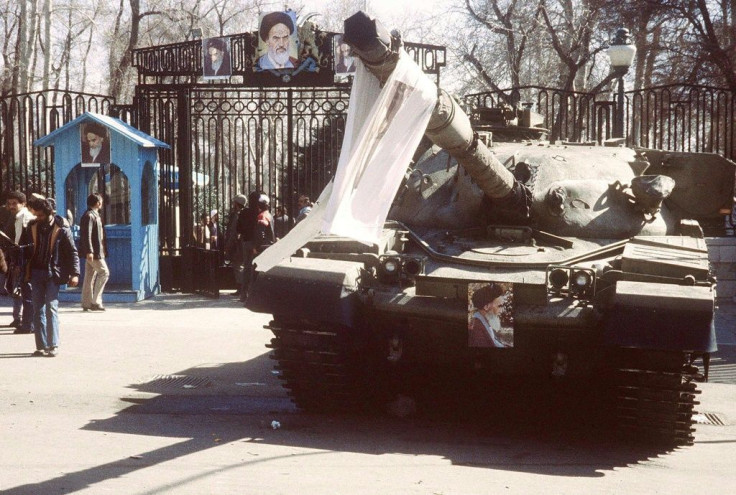 A tank outside Niavaran palace in 1979 with a picture of the late Ayatollah Ruhollah Khomeini on the front during the Islamic Revolution which saw the ouster of the shah's last government