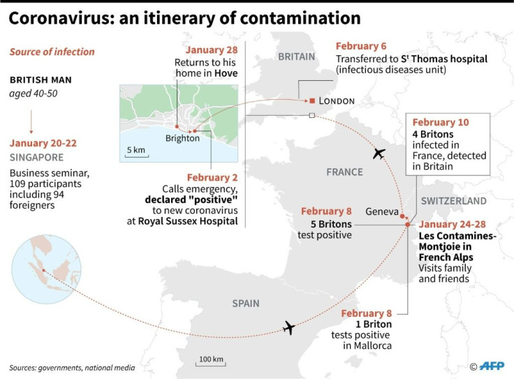 Map showing the journey of a British man who contaminated several members of his family and friends after a business trip to Singapore.