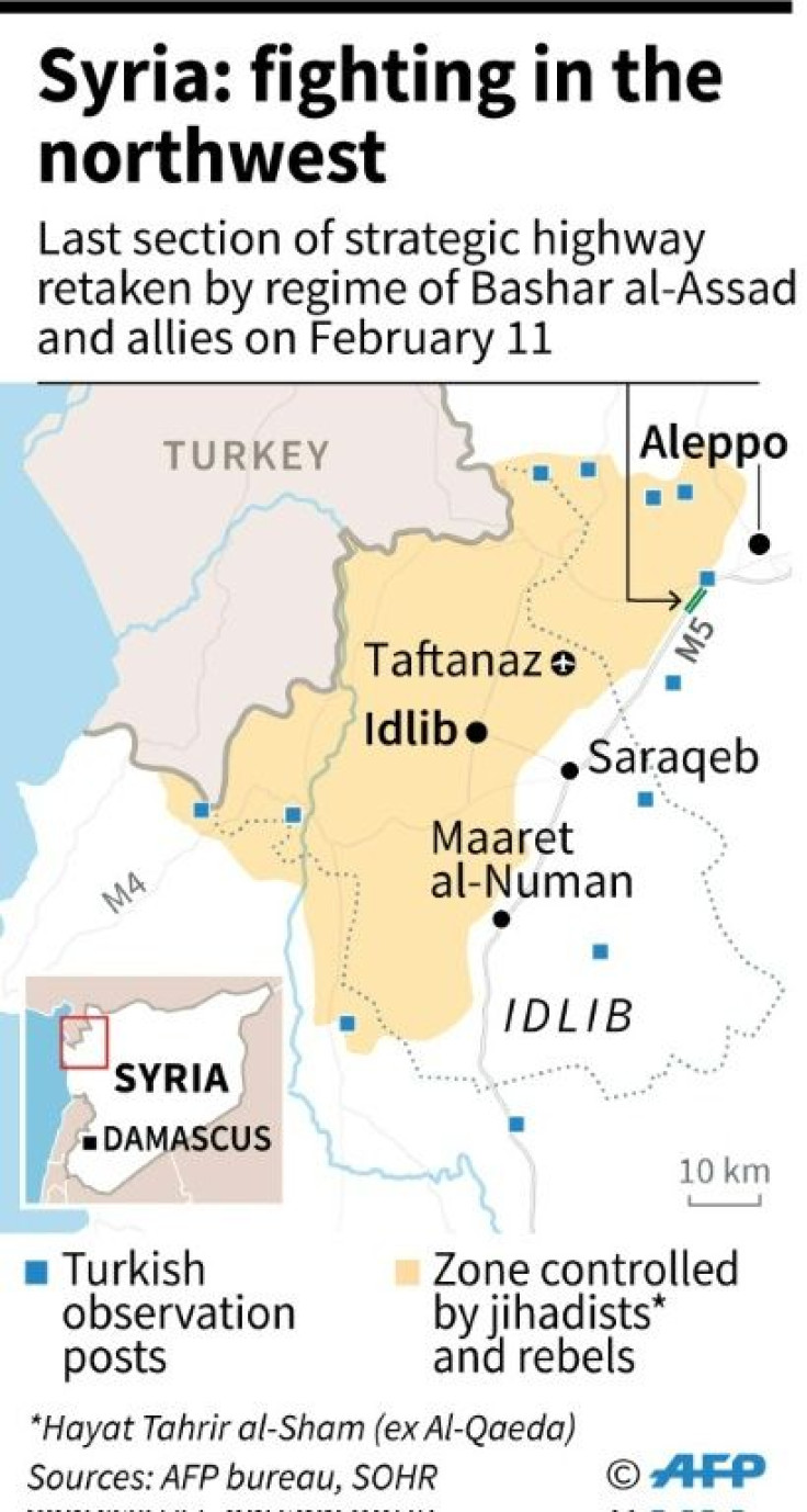 Map showing Idlib province in Syria, Turkish observation posts, the offensive by the regime and the retaking of the strategic M5 highway