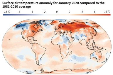 Map of the world showing surface air anomaly for January 2020 compared to the 1981-2010 average, according to a report by Copernicus Climate Change Service/ECMWF.