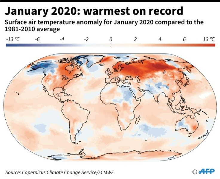 Map of the world showing surface air anomaly for January 2020 compared to the 1981-2010 average, according to a report by Copernicus Climate Change Service/ECMWF.