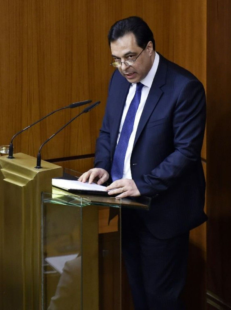 Lebanese Prime Minister Hassan Diab addresses parliament in the capital Beirut