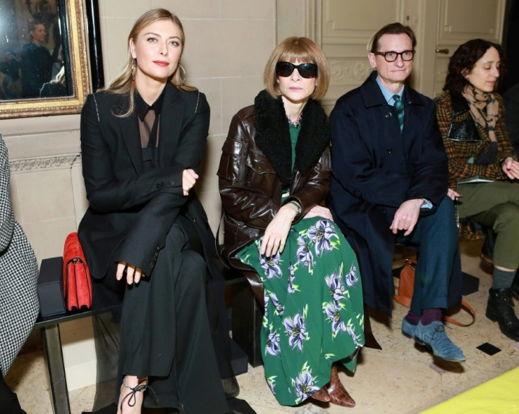 Maria Sharapova (left), Anna Wintour and Hamish Bowles attend the Vera Wang fashion show on February 11, 2020