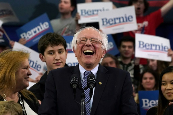 Senator Bernie Sanders celebrates with supporters after US networks declare him winner of the New Hampshire primary, a critical early test in the Democratic battle for the right to face President Donald Trump in November