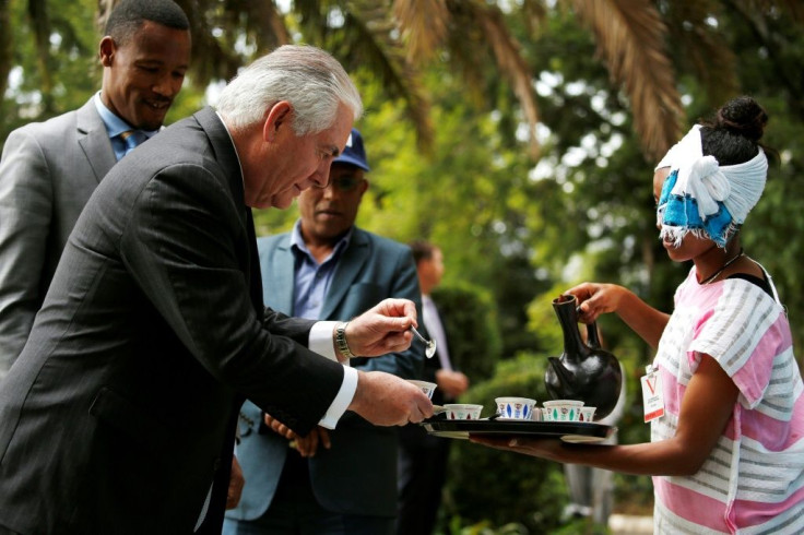 Then US secretary of state Rex Tillerson receives a cup of brewed coffee during a traditional ceremony at the US embassy in Addis Ababa in March 2018