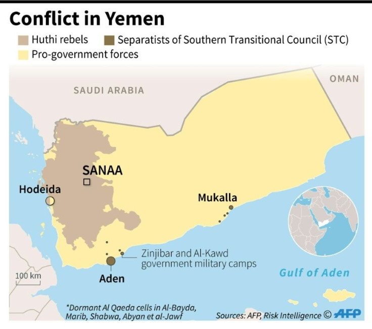 Map showing areas of territorial control in the Yemen conflict, as of February 13.