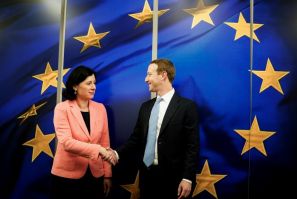European Commission vice-president in charge for Values and Transparency Vera Jourova (L) has been an outspoken critics of tech founder Mark Zuckerberg's Facebook