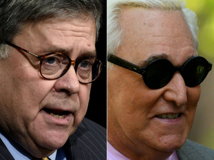 US Attorney General Bill Barr (L) is under fire for intervening in the criminal prosecution of Roger Stone, a close friend and political ally of President Donald Trump