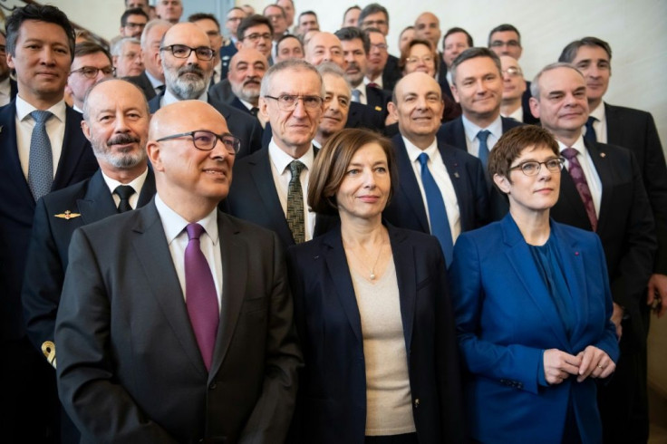 From left: Spanish Defence Minister Angel Olivares, French Defence Minister Florence Parly and German Defence Minister Annegret Kramp-Karrenbauer signed the Future Combat Air System prototype contract in Paris on Thursday.