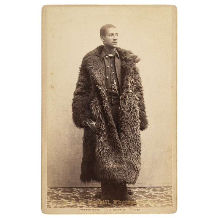 John C.H. Grabill Cabinet Card of Buffalo Soldier Wearing Buffalo Coat, ca 1886