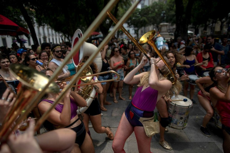 The street band Calcinhas Belicas warms up carnival revelers in Rio de Janeiro in January 2019