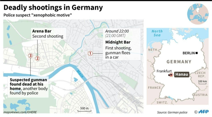 Map locating Hanau, in Germany, and two bars where there were deadly shootings with a suspected "xenophobic motive", according to police.