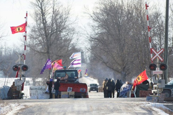 First Nations people protest at a train blockade in Tyendinaga, near Belleville, Ontario on February 21