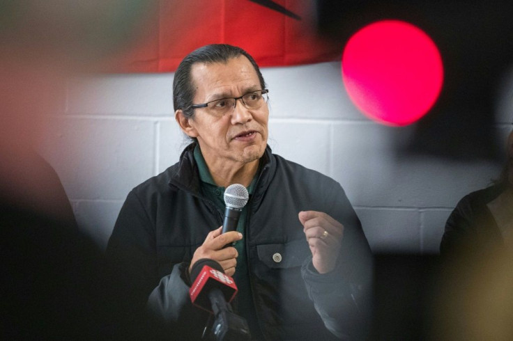 Wet'suwet'en hereditary chief Woos speaks during a press conference at the Mohawk Community Centre in Tyendinaga, Ontario, on February 21