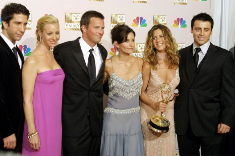 "Friends" stars David Schwimmer, Lisa Kudrow, Matthew Perry, Courteney Cox, Jennifer Aniston and Matt LeBlanc pose at the Emmy Awards on September 22, 2002