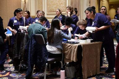 Workers at Las Vegas's luxurious Bellagio hotel checked in before taking part in Nevada's presidential caucuses