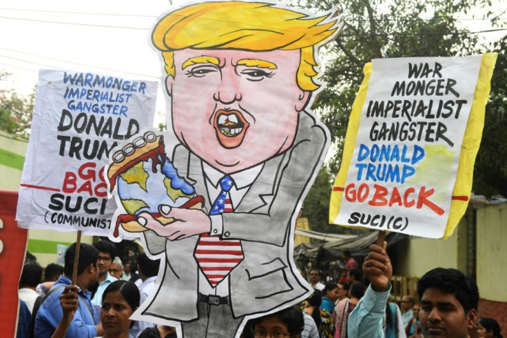 Leftist activists protest against the visit by Donald Trump to India on Monday