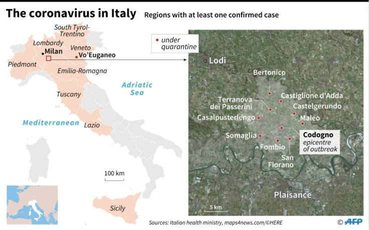 Maps of Italy locating regions affected by an outbreak of the coronavirus and towns quarantined
