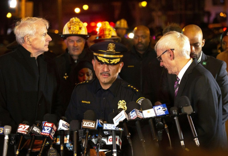 (L-R) Milwaukee Mayor Tom Barrett, Police Chief Alfonso Morales and Wisconsin Governor Tony Evers speak to the media following the shooting that left five brewing company workers dead, plus the shooter