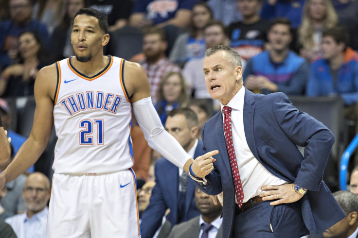 Head Coach Billy Donovan and Andre Roberson #21 of the Oklahoma City Thunder 