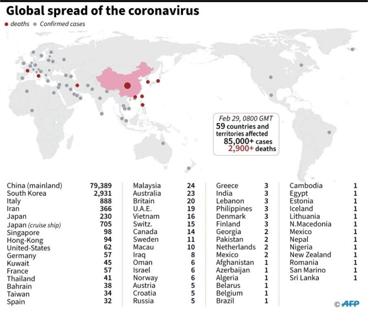 Countries and teritories with confirmed cases of the new coronavirus as of February 29 at 08:30 GMT