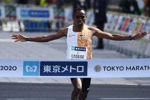 Birhanu Legese of Ethiopia crosses the finish line to win the men's category in the Tokyo Marathon in Tokyo on March 1, 2020. This year's Tokyo Marathon has been closed to all but elite runners due to mounting fears over the spread of the new coronavirus,
