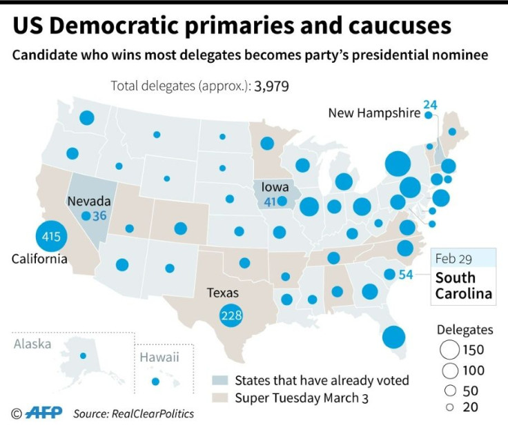Map of the United States showing the number of Democratic delegates per state with latest states to vote and those voting on Super Tuesday -- March 3, 2020